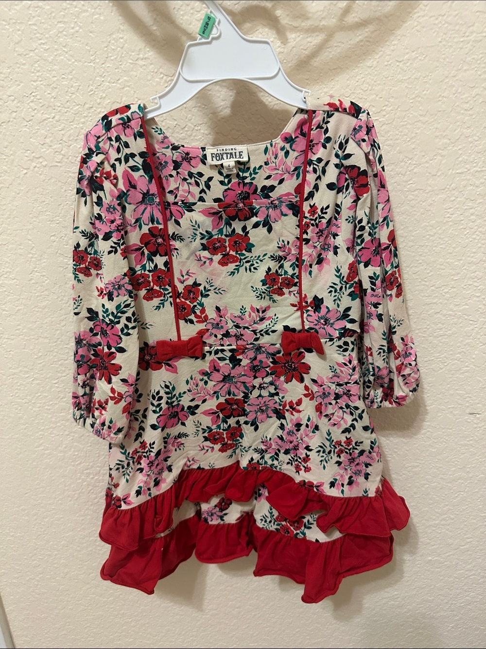 Foxtale Red Floral Tunic with Ruffle Hem and Bow Details